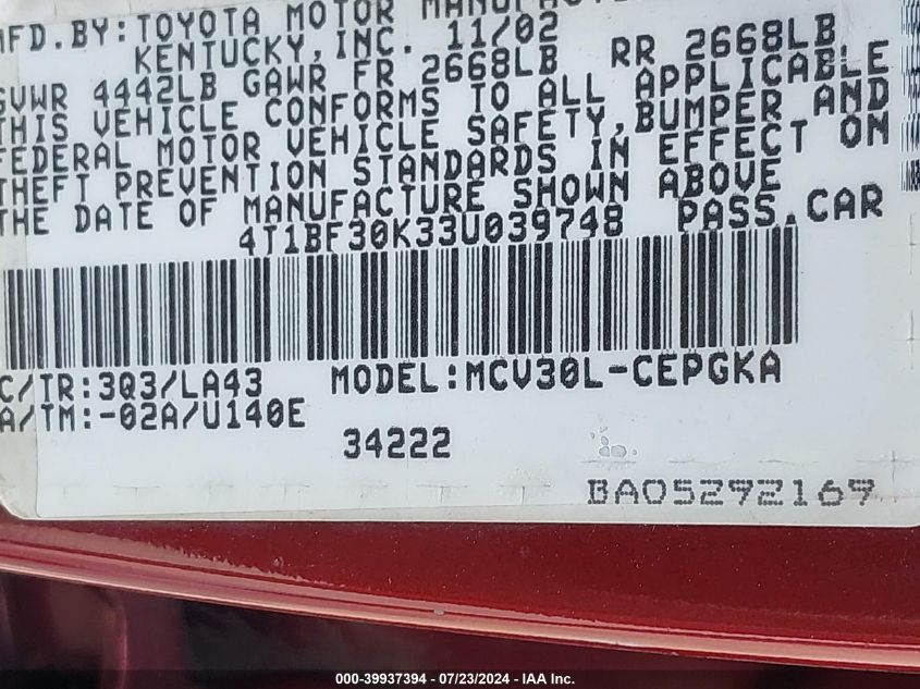 2003 Toyota Camry Xle V6 VIN: 4T1BF30K33U039748 Lot: 39937394