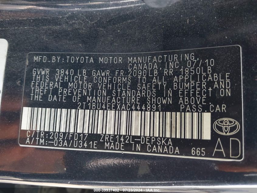 2010 Toyota Corolla S VIN: 2T1BU4EEXAC444891 Lot: 39937402