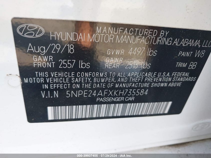 2019 Hyundai Sonata Se VIN: 5NPE24AFXKH735584 Lot: 39937405