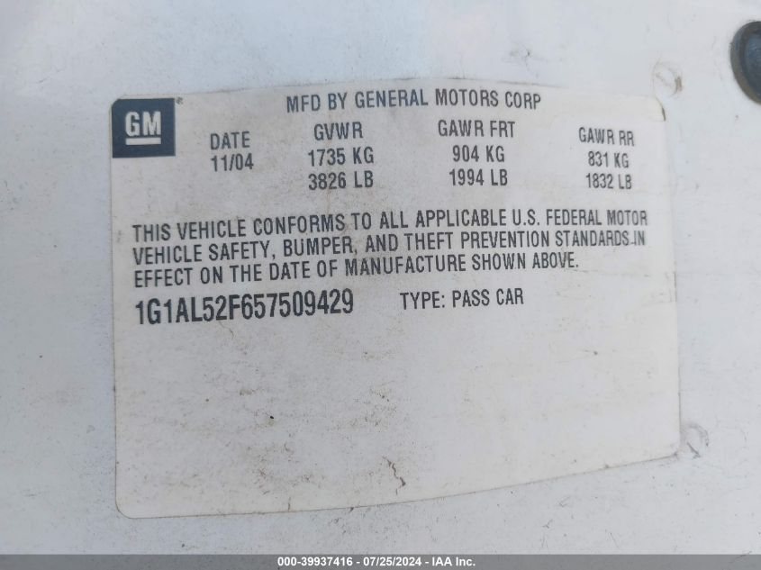 2005 Chevrolet Cobalt Ls VIN: 1G1AL52F657509429 Lot: 39937416