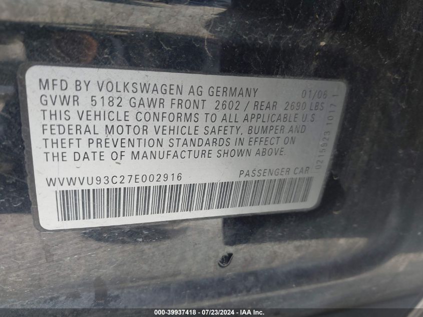 2007 Volkswagen Passat 3.6L 4Motion Wagon Luxury VIN: WVWVU93C27E002916 Lot: 39937418