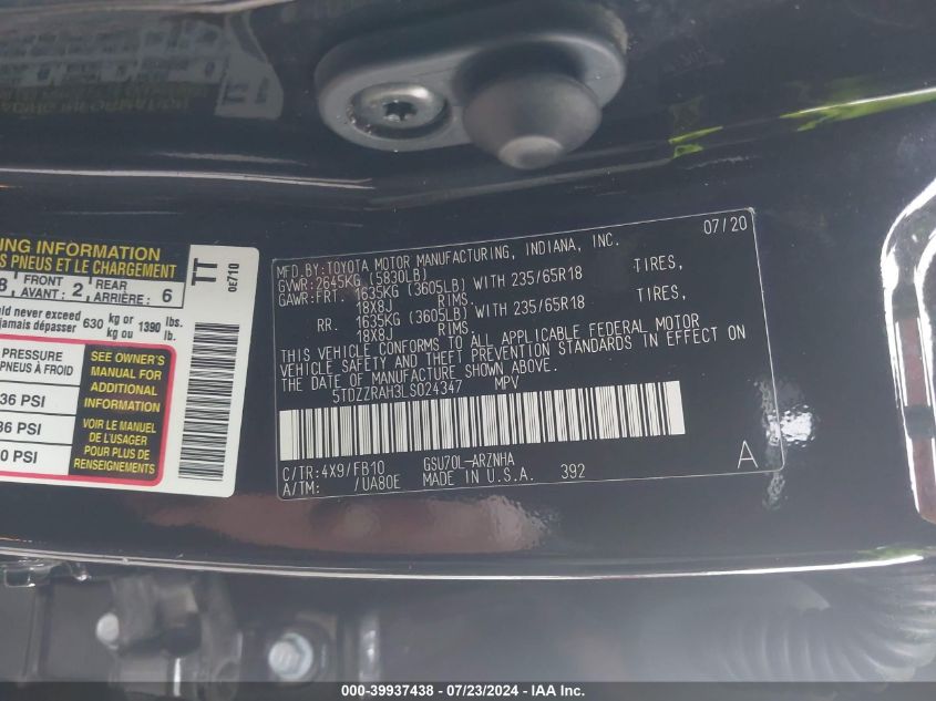 2020 Toyota Highlander Le VIN: 5TDZZRAH3LS024347 Lot: 39937438