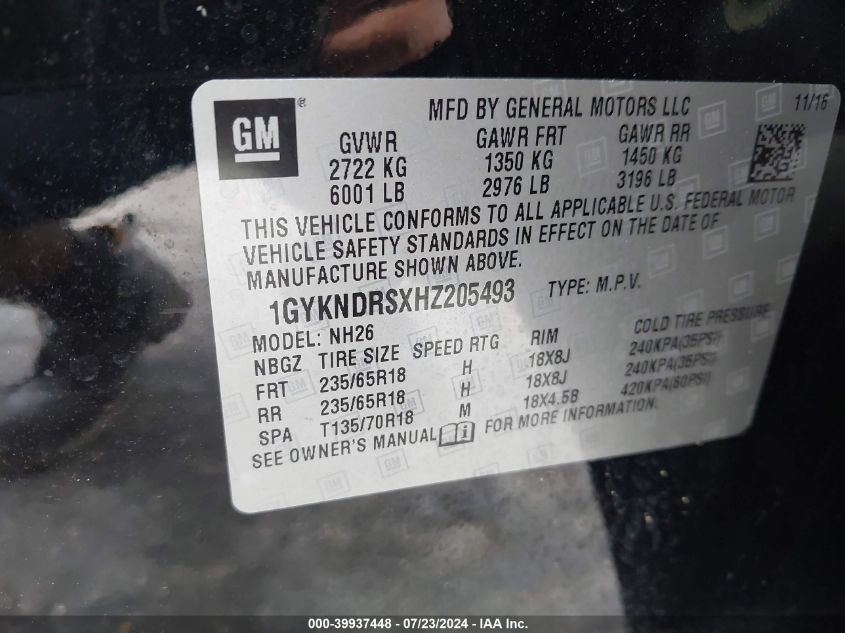 2017 Cadillac Xt5 Luxury VIN: 1GYKNDRSXHZ205493 Lot: 39937448