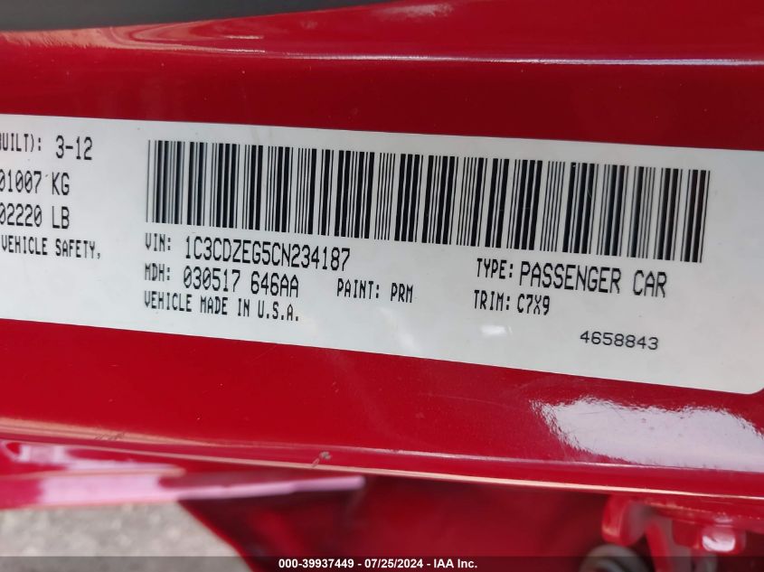 2012 Dodge Avenger Sxt Plus VIN: 1C3CDZEG5CN234187 Lot: 39937449