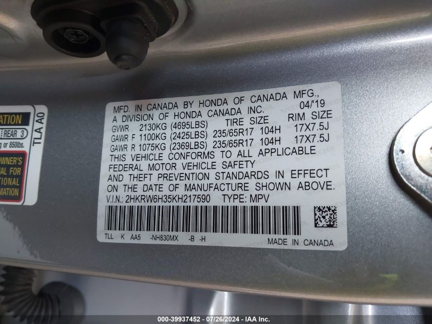 2019 Honda Cr-V Lx VIN: 2HKRW6H35KH217590 Lot: 39937452