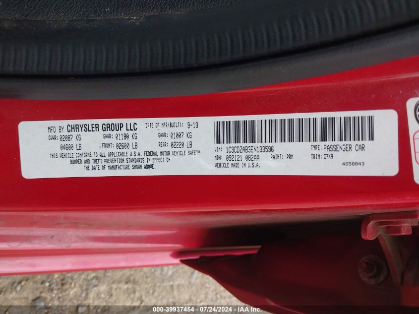 2014 Dodge Avenger Se VIN: 1C3CDZAB3EN133596 Lot: 39937454