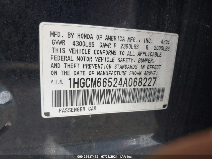 2004 Honda Accord Ex VIN: 1HGCM66524A068227 Lot: 39937472