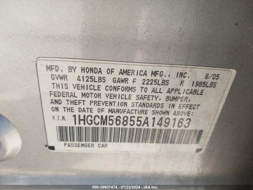 2005 Honda Accord 2.4 Ex VIN: 1HGCM56855A149163 Lot: 39937474