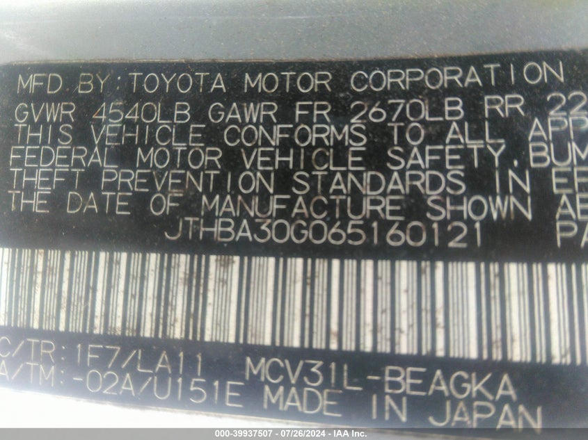 2006 Lexus Es 330 VIN: JTHBA30G065160121 Lot: 39937507