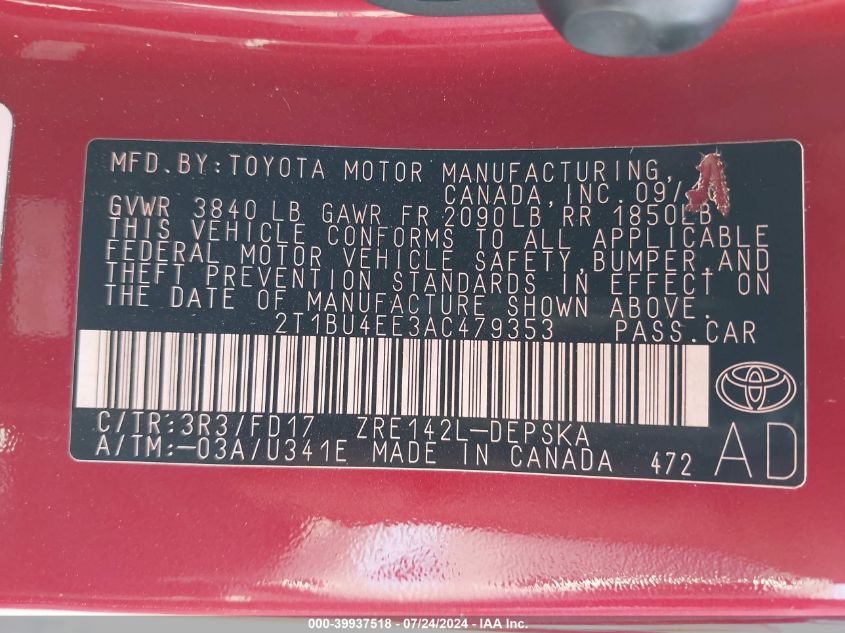 2010 Toyota Corolla S VIN: 2T1BU4EE3AC479353 Lot: 39937518