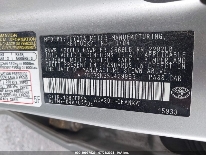 2005 Toyota Camry Le VIN: 4T1BE32K35U429963 Lot: 39937529