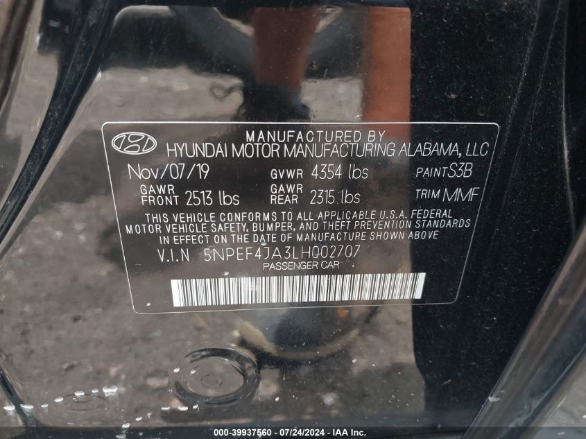 2020 Hyundai Sonata Sel VIN: 5NPEF4JA3LH002707 Lot: 39937560