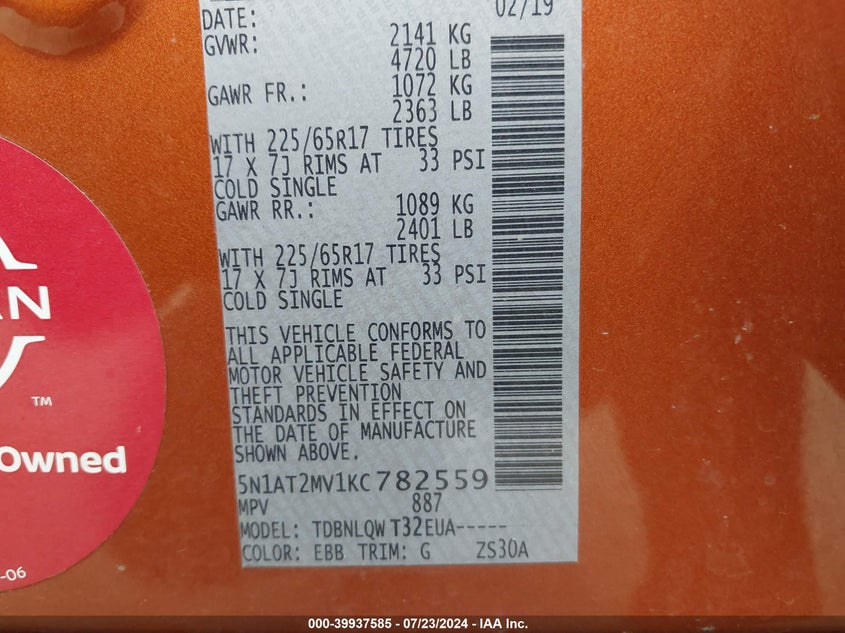 2019 NISSAN ROGUE SV - 5N1AT2MV1KC782559