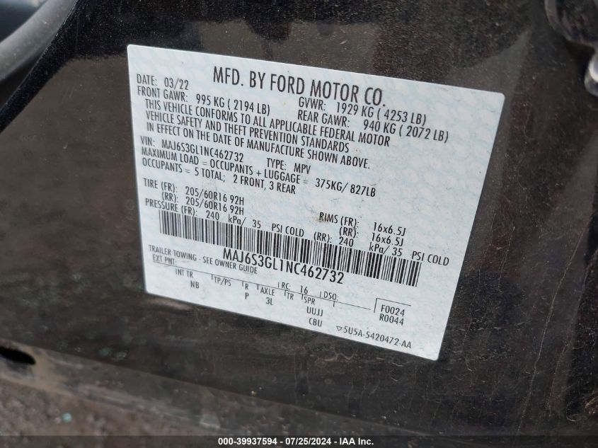 MAJ6S3GL1NC462732 2022 Ford Ecosport Se