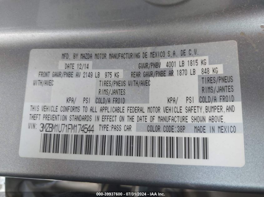 2015 Mazda Mazda3 I Sport VIN: 3MZBM1U71FM174544 Lot: 39937600