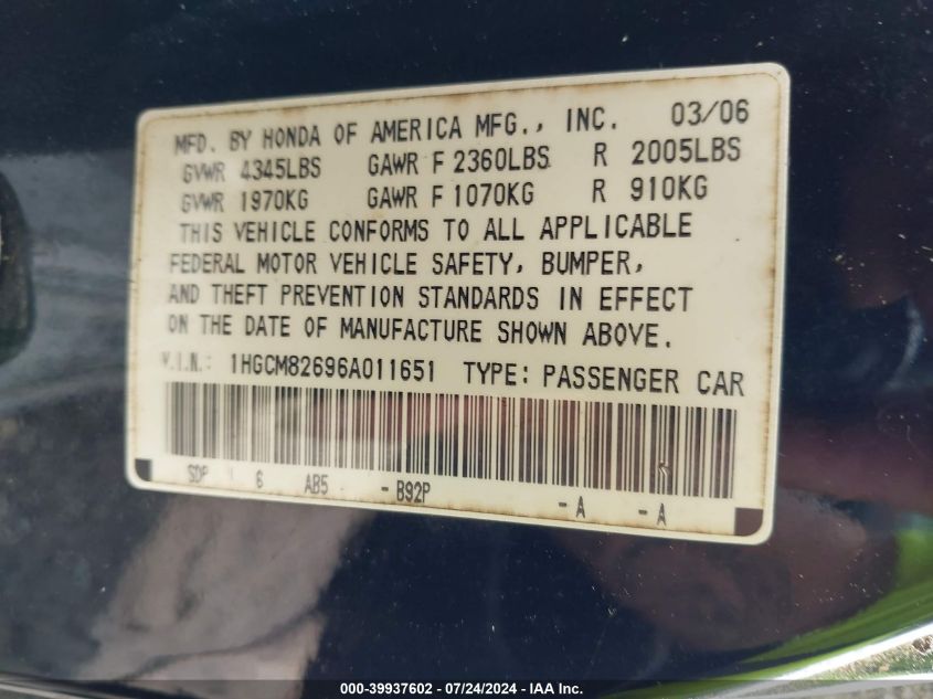 2006 Honda Accord 3.0 Ex VIN: 1HGCM82696A011651 Lot: 39937602