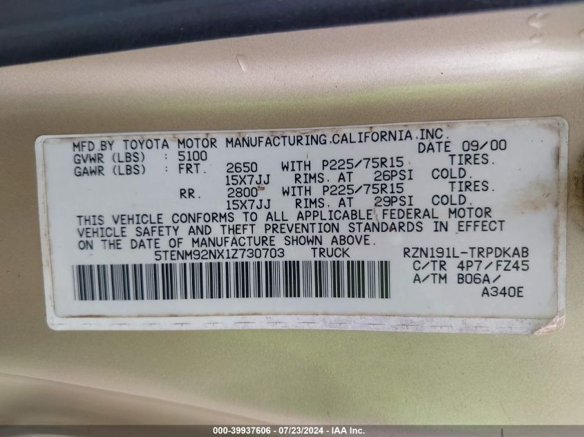 2001 Toyota Tacoma Prerunner VIN: 5TENM92NX1Z730703 Lot: 39937606
