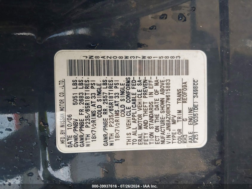 2007 Nissan Murano Sl VIN: JN8AZ08W37W615883 Lot: 39937616