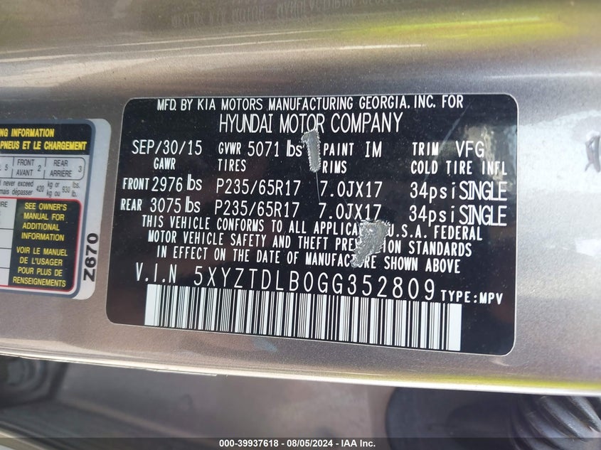 2016 Hyundai Santa Fe Sport VIN: 5XYZTDLB0GG352809 Lot: 39937618