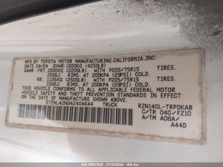 2004 Toyota Tacoma VIN: 5TENL42N94Z404644 Lot: 39937620