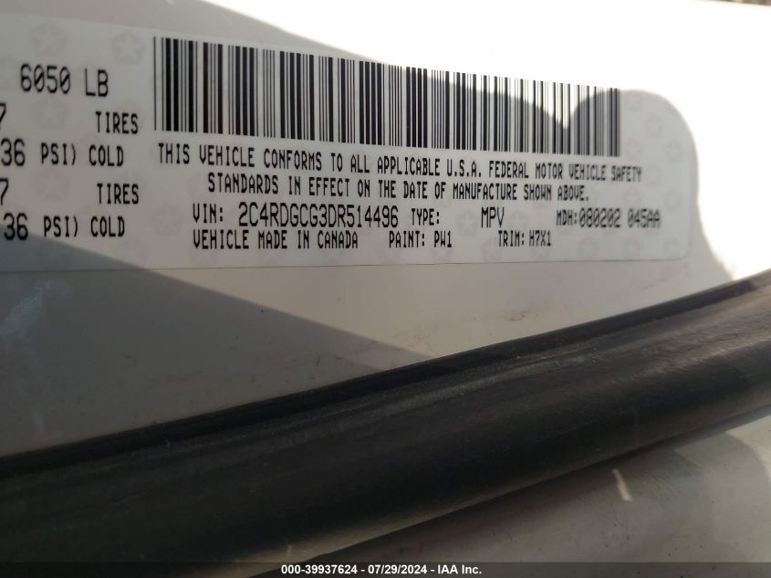 2013 Dodge Grand Caravan Sxt VIN: 2C4RDGCG3DR514496 Lot: 39937624