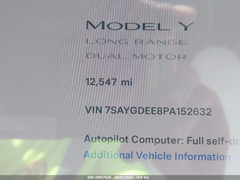 2023 Tesla Model Y Awd/Long Range Dual Motor All-Wheel Drive VIN: 7SAYGDEE8PA152632 Lot: 39937626