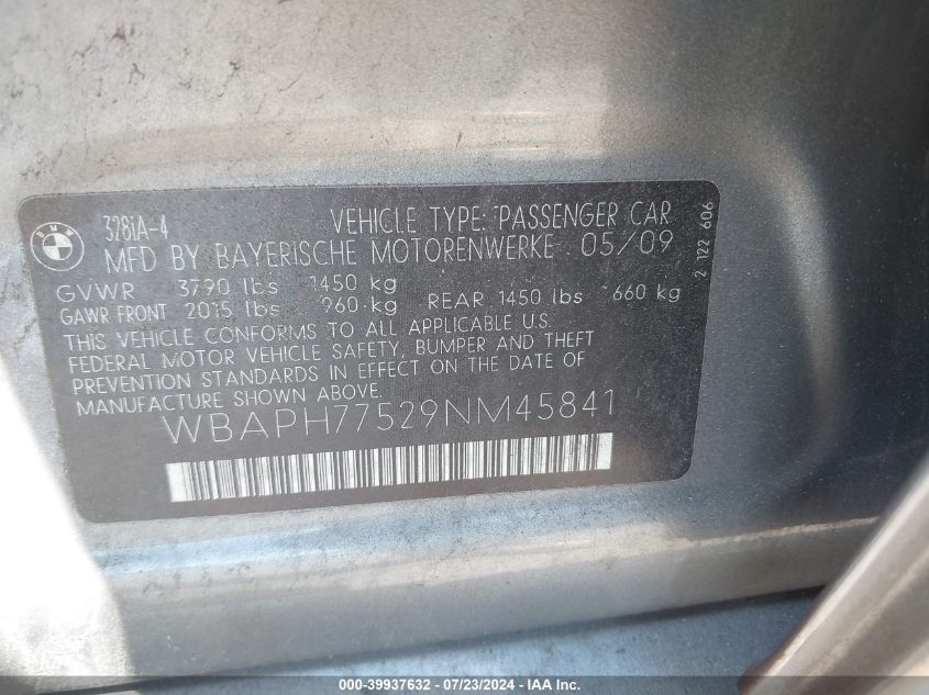 2009 BMW 328 I VIN: WBAPH77529NM45841 Lot: 39937632