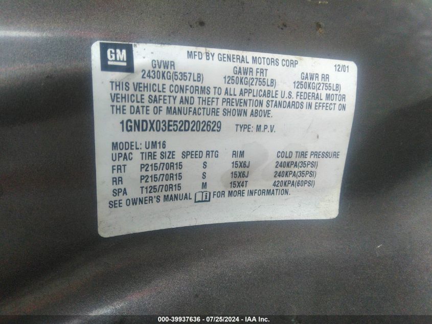 2002 Chevrolet Venture Ls VIN: 1GNDX03E52D202629 Lot: 39937636