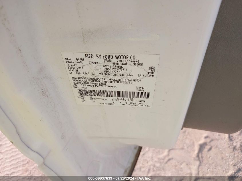 2007 Ford F-150 Fx4/Lariat/Xlt VIN: 1FTPW14V37KC30011 Lot: 39937639