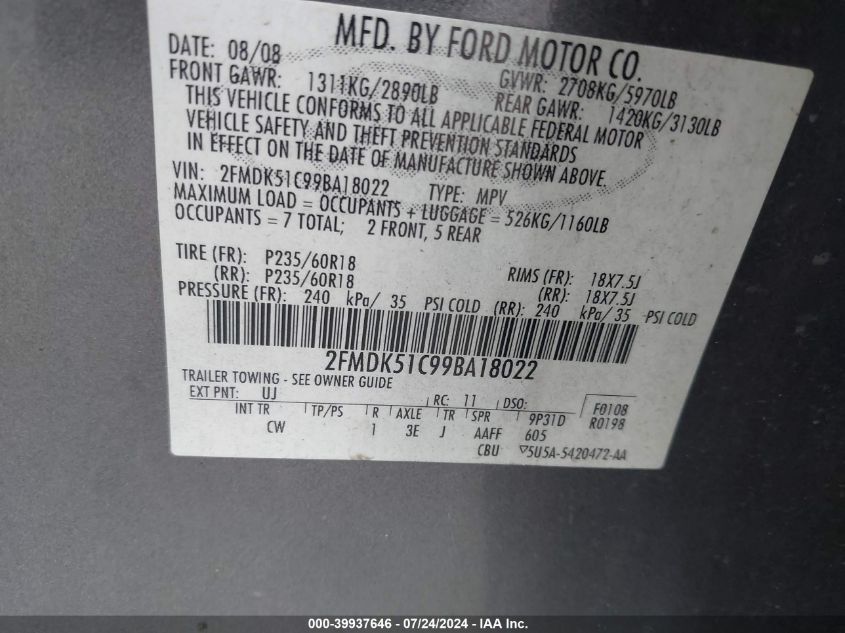 2009 Ford Flex Se VIN: 2FMDK51C99BA18022 Lot: 39937646