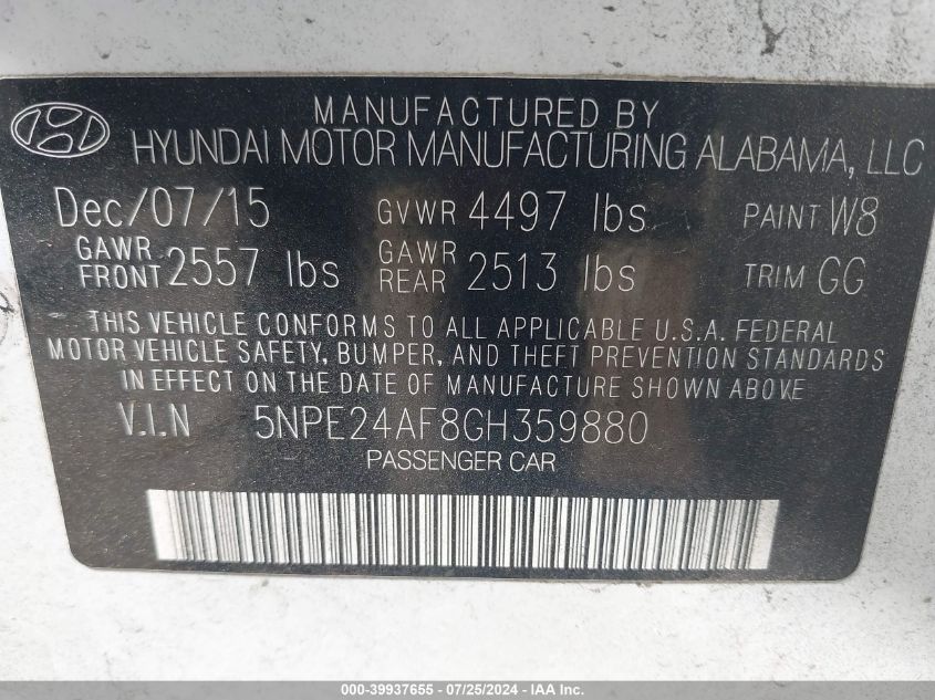 2016 Hyundai Sonata Se VIN: 5NPE24AF8GH359880 Lot: 39937655