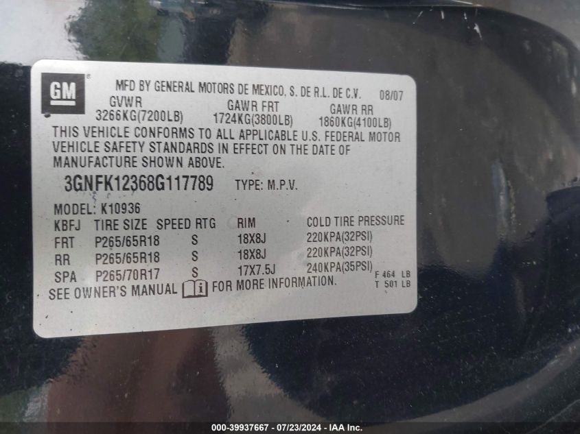 2008 Chevrolet Avalanche 1500 Lt VIN: 3GNFK12368G117789 Lot: 39937667