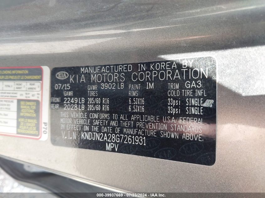 2016 Kia Soul VIN: KNDJN2A28G7261931 Lot: 39937669