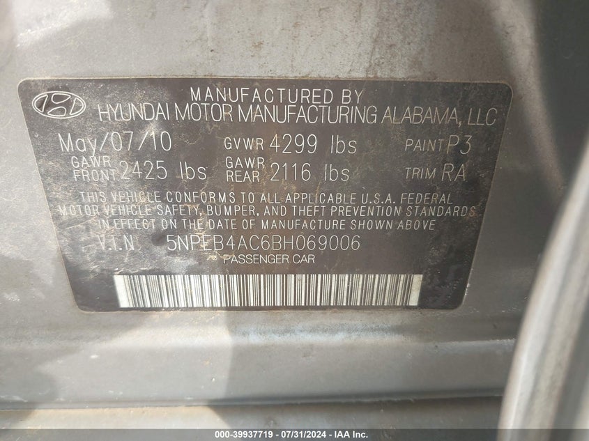 2011 Hyundai Sonata Gls VIN: 5NPEB4AC6BH069006 Lot: 39937719