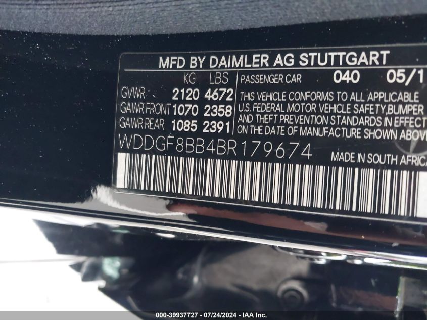 2011 Mercedes-Benz C 300 4Matic VIN: WDDGF8BB4BR179674 Lot: 39937727