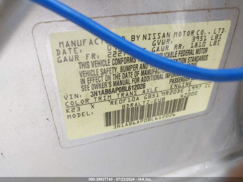 2011 Nissan Sentra 2.0S VIN: 3N1AB6AP0BL612026 Lot: 39937740