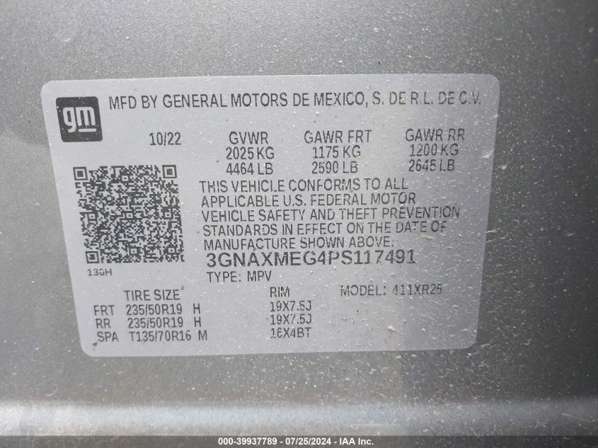 2023 Chevrolet Equinox Fwd Rs VIN: 3GNAXMEG4PS117491 Lot: 39937789