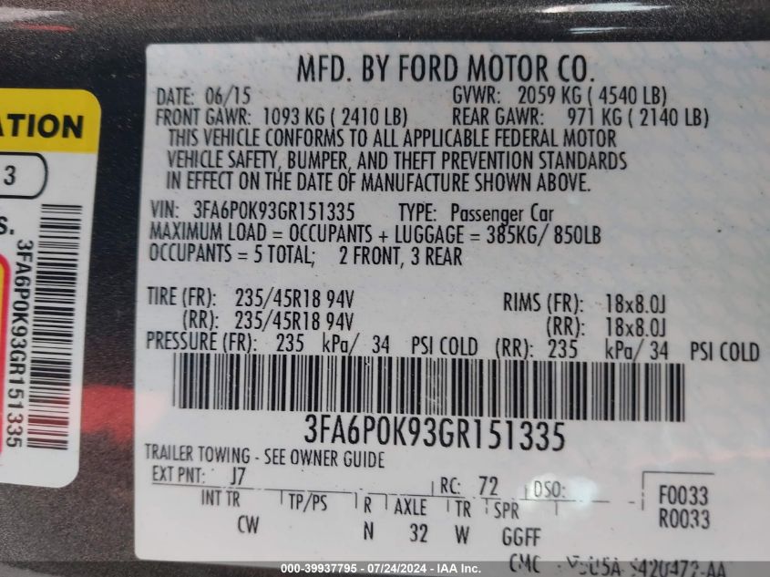 2016 Ford Fusion Titanium VIN: 3FA6P0K93GR151335 Lot: 39937795