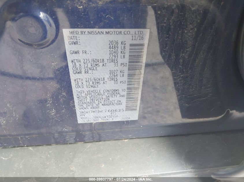 2017 Nissan Rogue Sl VIN: 5N1AT2MT3HC760635 Lot: 39937797