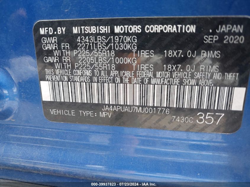 2021 Mitsubishi Outlander Sport 2.0 Es 2Wd VIN: JA4APUAU7MU001776 Lot: 39937823