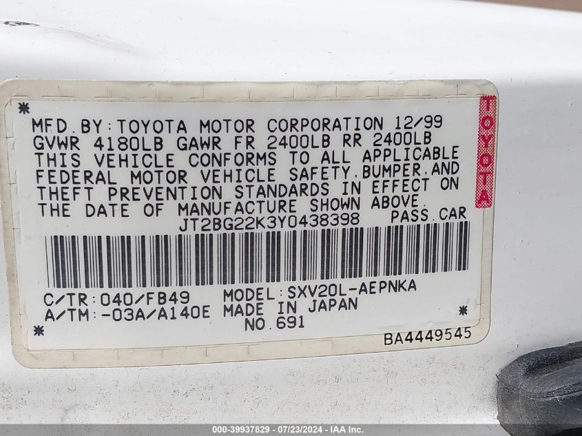 2000 Toyota Camry Le VIN: JT2BG22K3Y0438398 Lot: 39937829