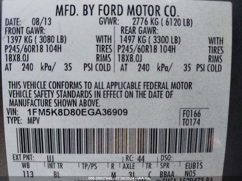 2014 Ford Explorer Xlt VIN: 1FM5K8D80EGA36909 Lot: 39937848