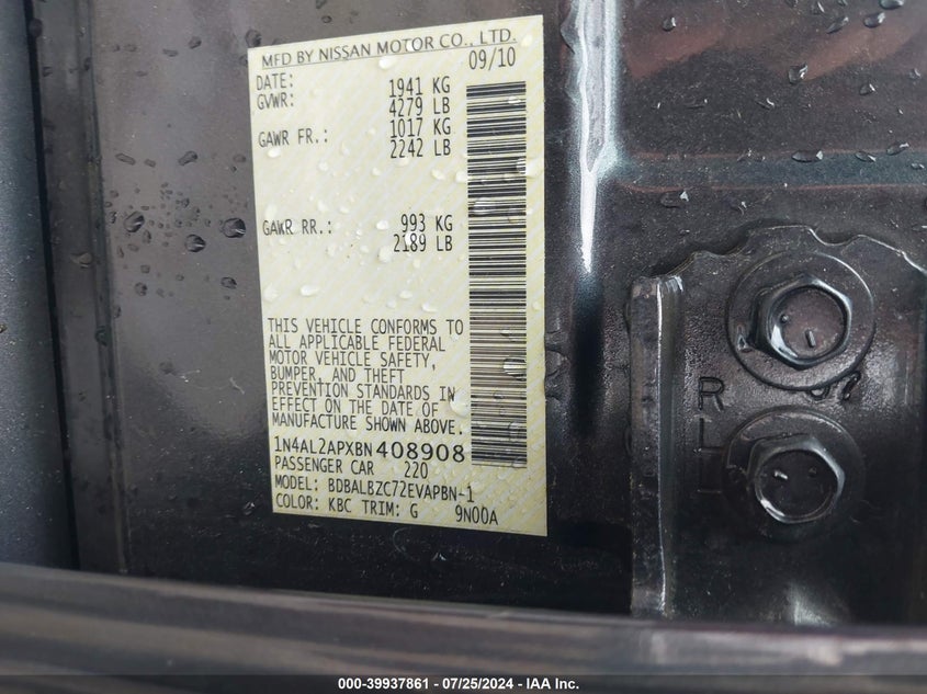 2011 Nissan Altima 2.5 S VIN: 1N4AL2APXBN408908 Lot: 39937861