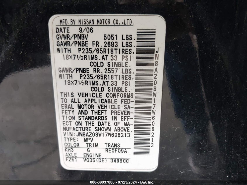 2007 Nissan Murano S VIN: JN8AZ08W17W606213 Lot: 39937886