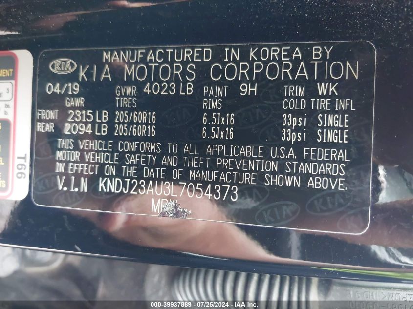 2020 Kia Soul Lx VIN: KNDJ23AU3L7054373 Lot: 39937889