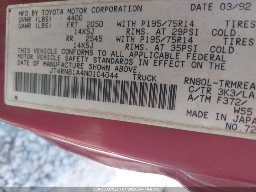 1992 Toyota Pickup 1/2 Ton Short Wheelbase VIN: JT4RN81A4N0104044 Lot: 39937922