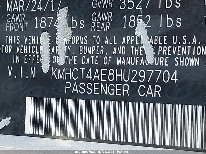 2017 Hyundai Accent Se VIN: KMHCT4AE8HU297704 Lot: 39937923