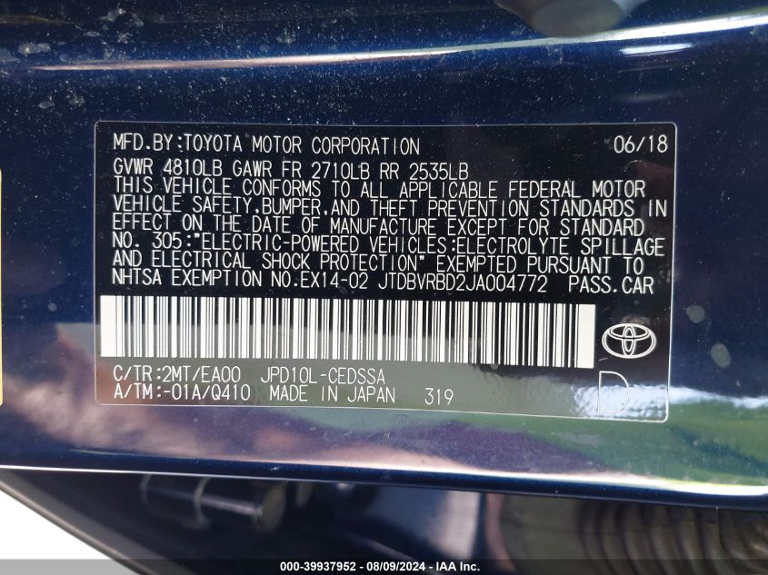 2018 Toyota Mirai VIN: JTDBVRBD2JA004772 Lot: 39937952