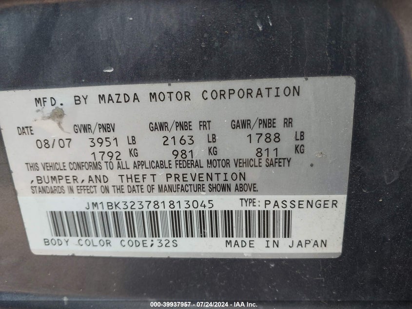2008 Mazda Mazda3 S Sport VIN: JM1BK323781813045 Lot: 39937957