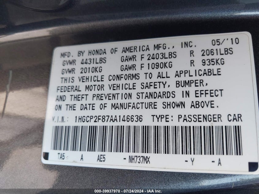 2010 Honda Accord 2.4 Ex-L VIN: 1HGCP2F87AA146636 Lot: 39937970